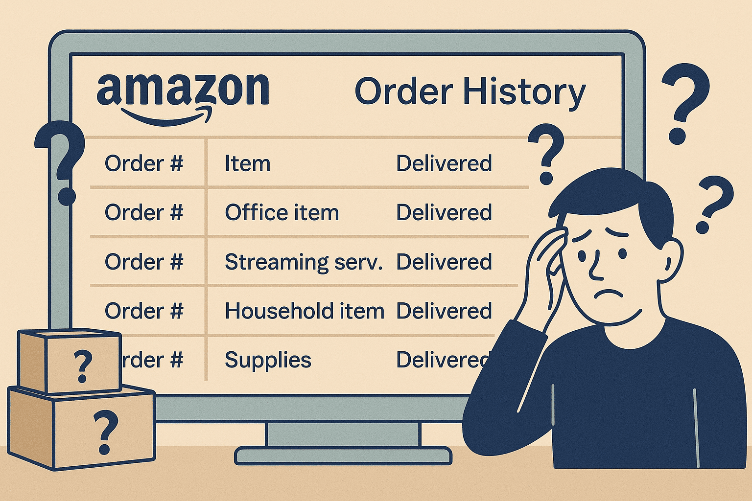 Confused business owner looking at Amazon order history with vague item descriptions and question marks, illustrating the challenge of tracking business vs personal purchases