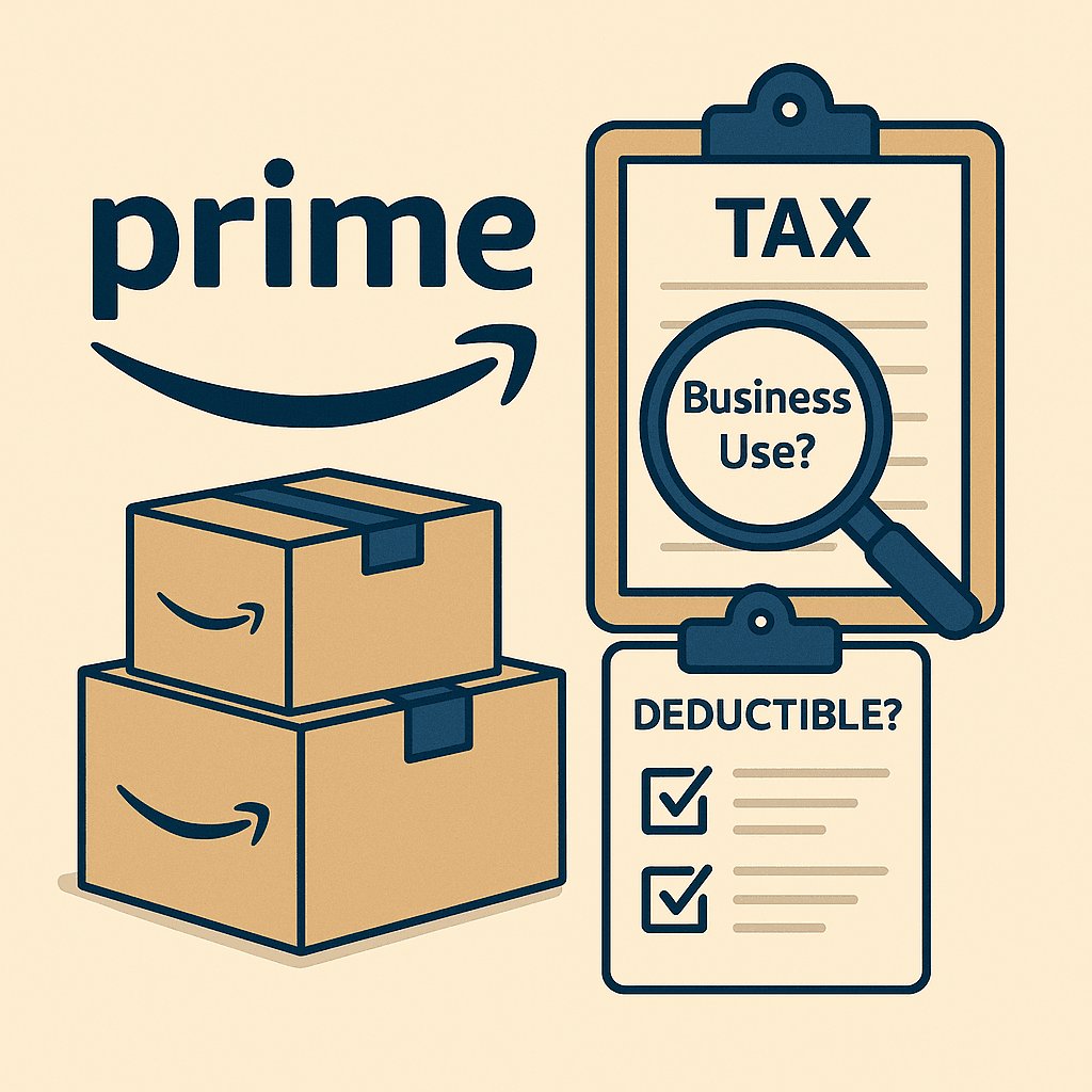 Amazon Prime logo with shipping boxes and tax checklist showing business use and deductible questions for small business owners