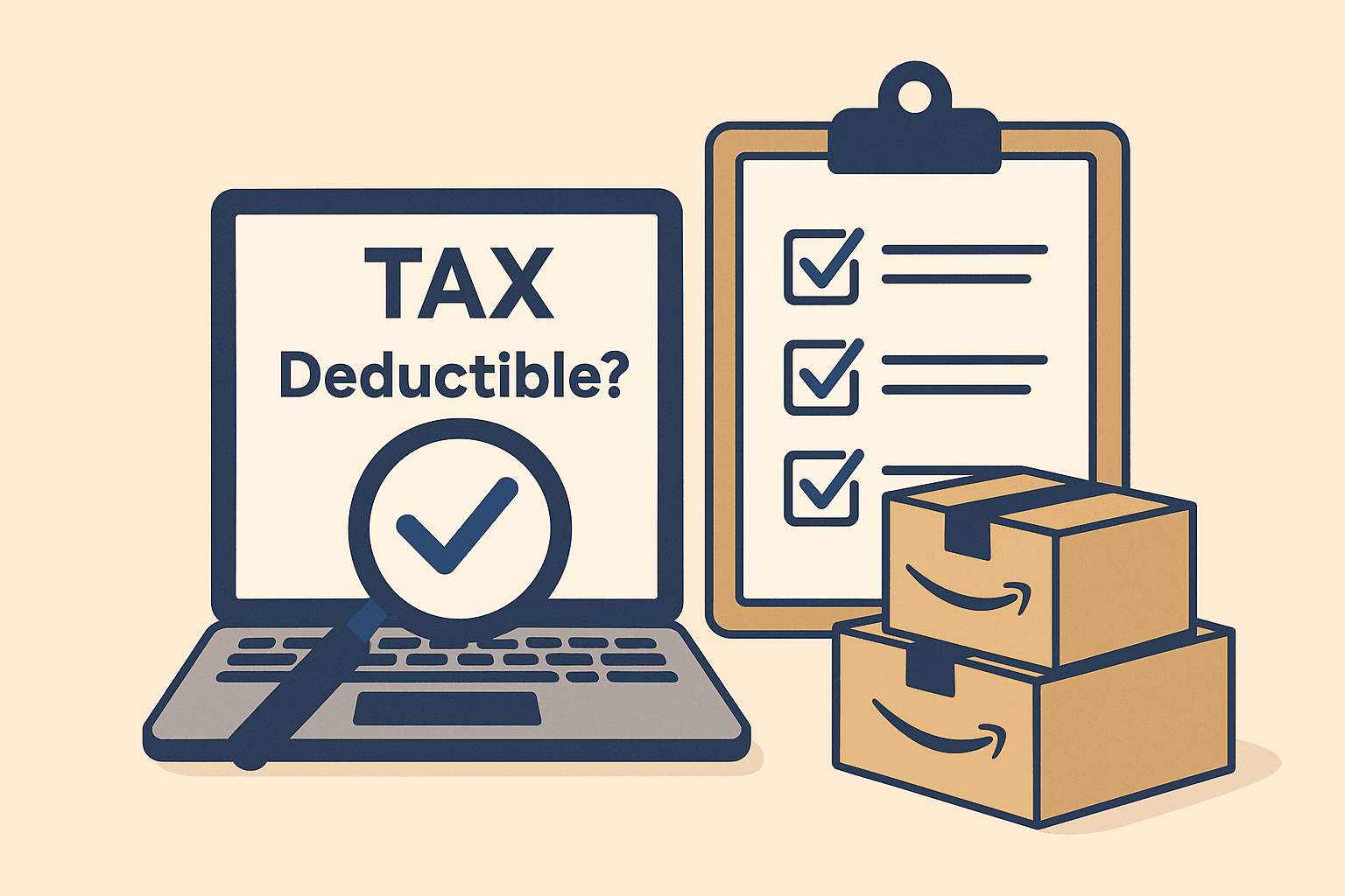 Laptop displaying tax deductible checklist with Amazon boxes and verification checkmark for business expense tracking