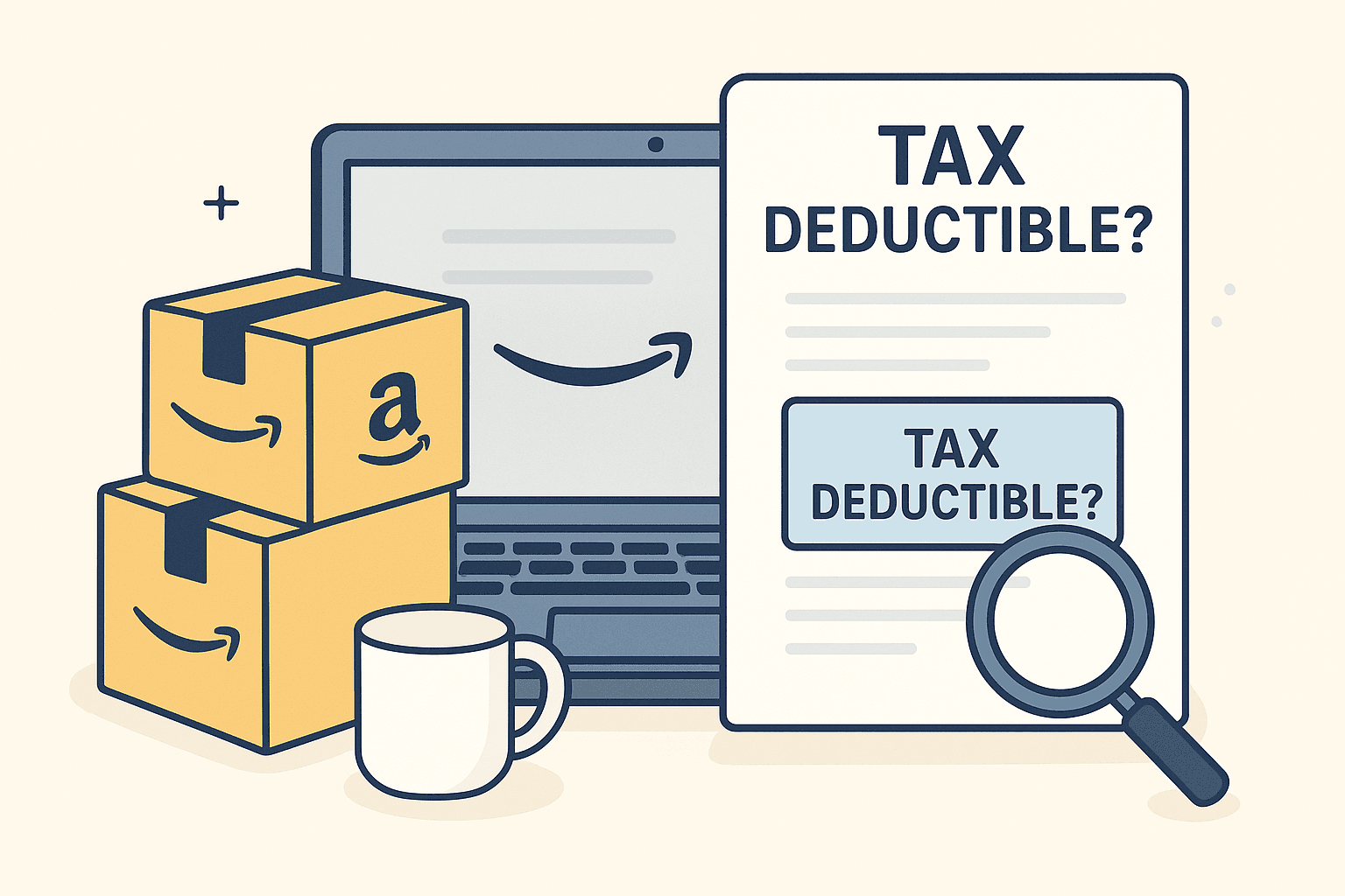 Amazon boxes next to laptop and document showing tax deductible analysis for business expense tracking