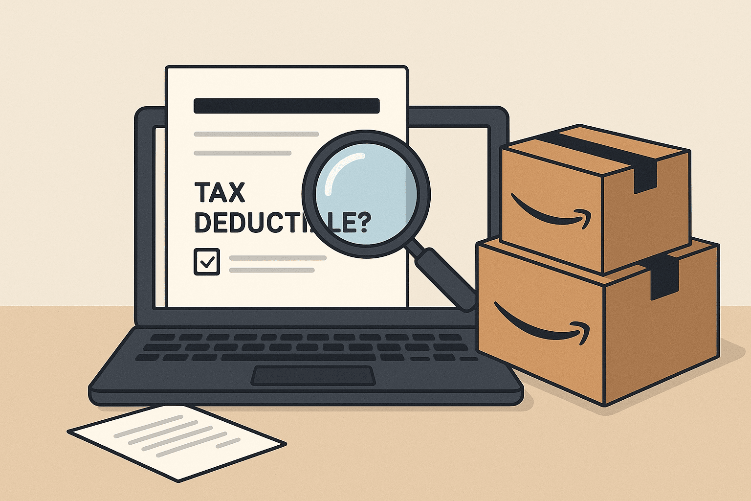 Laptop showing tax deductible checklist with Amazon boxes and magnifying glass examining business purchases