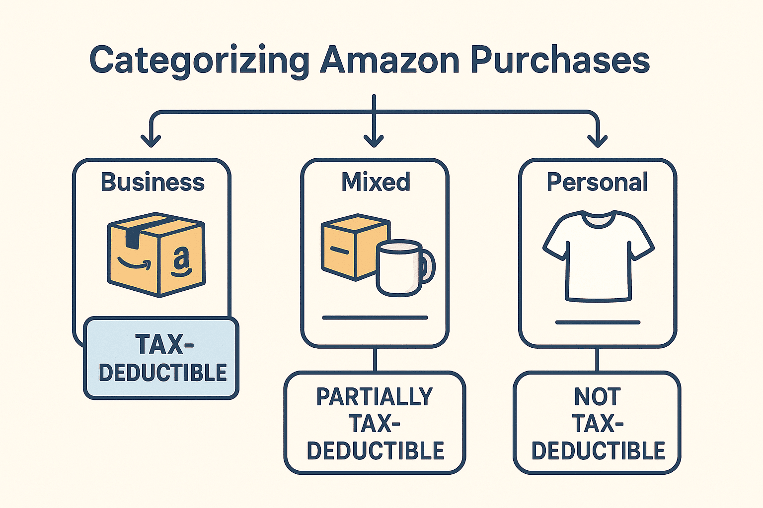 Diagram showing how to categorize Amazon purchases: Business items are tax-deductible, mixed-use items are partially deductible, and personal items are not deductible