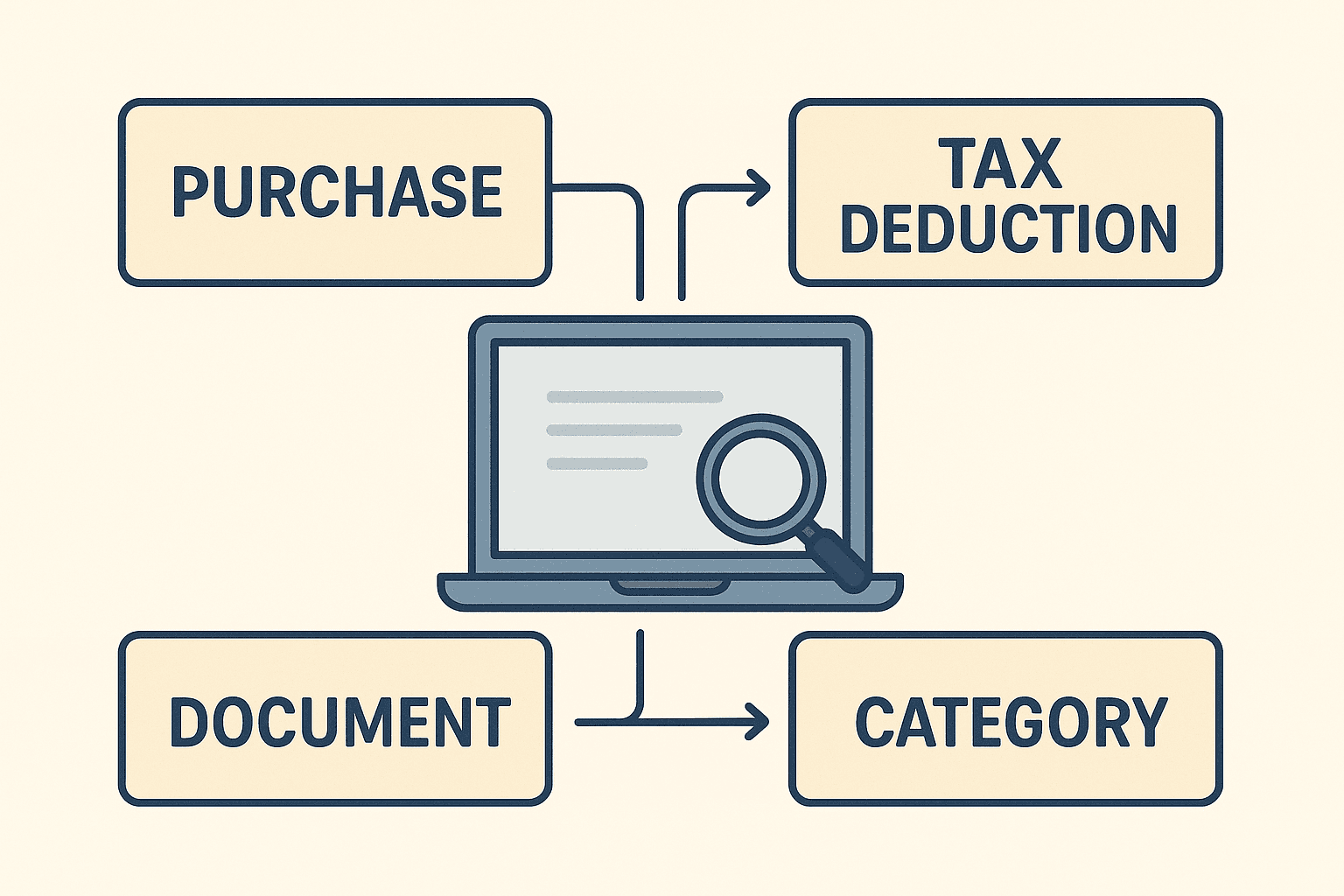 Workflow diagram showing how to track Amazon purchases for tax deductions: purchase, document, categorize, and claim deduction