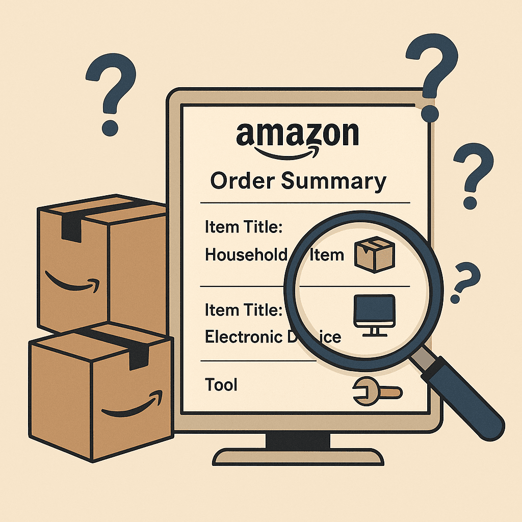 Amazon order summary showing vague item descriptions like Household Item and Electronic Device with question marks, illustrating the challenge of categorizing purchases