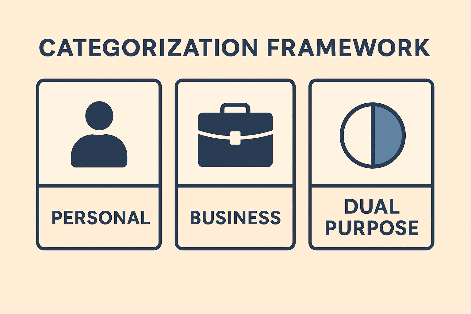 Expense categorization framework showing three categories: Personal items, Business items, and Dual Purpose items for tax classification